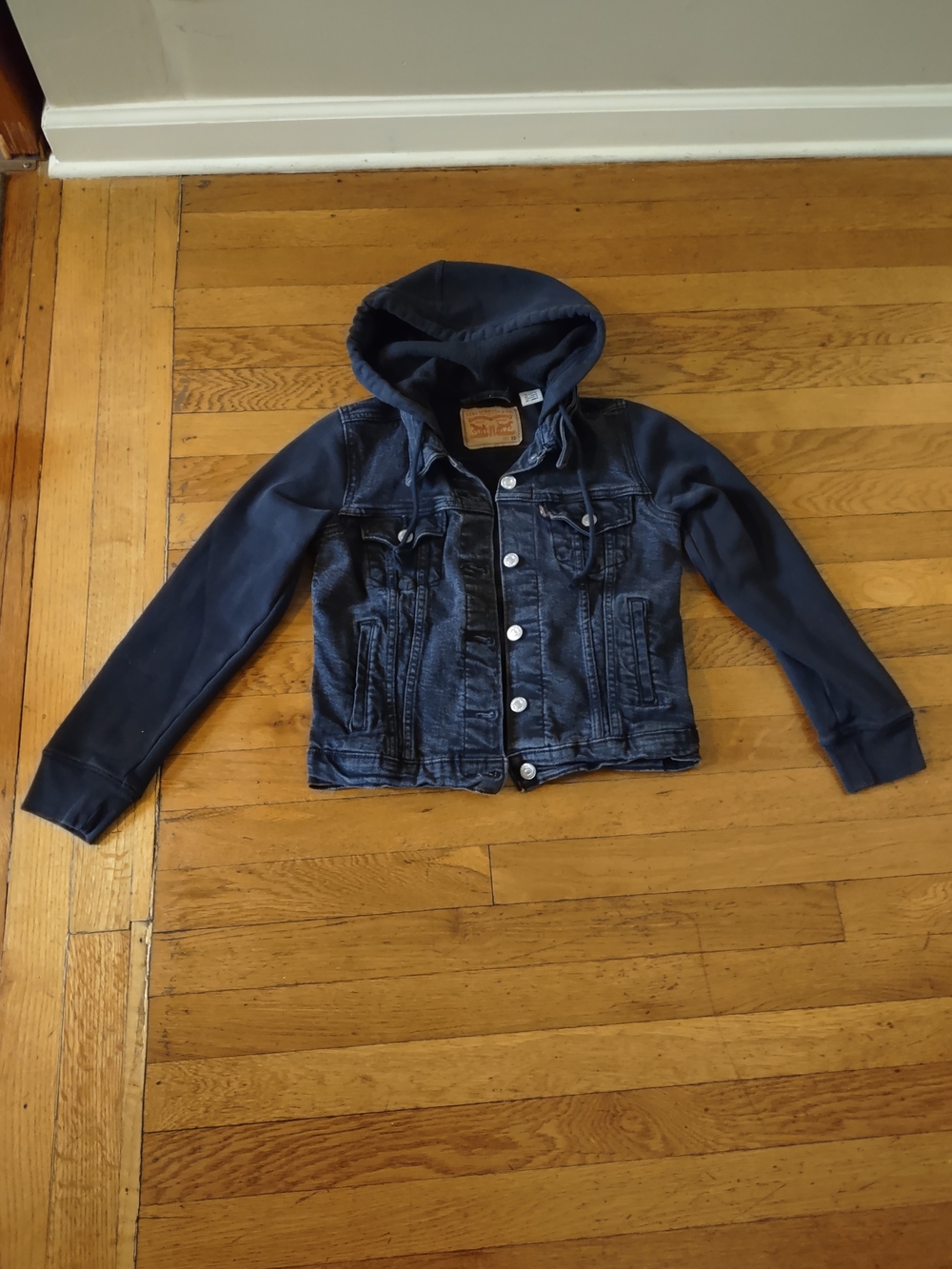levi's hybrid hooded trucker button up black denim jacket size XS moto biker